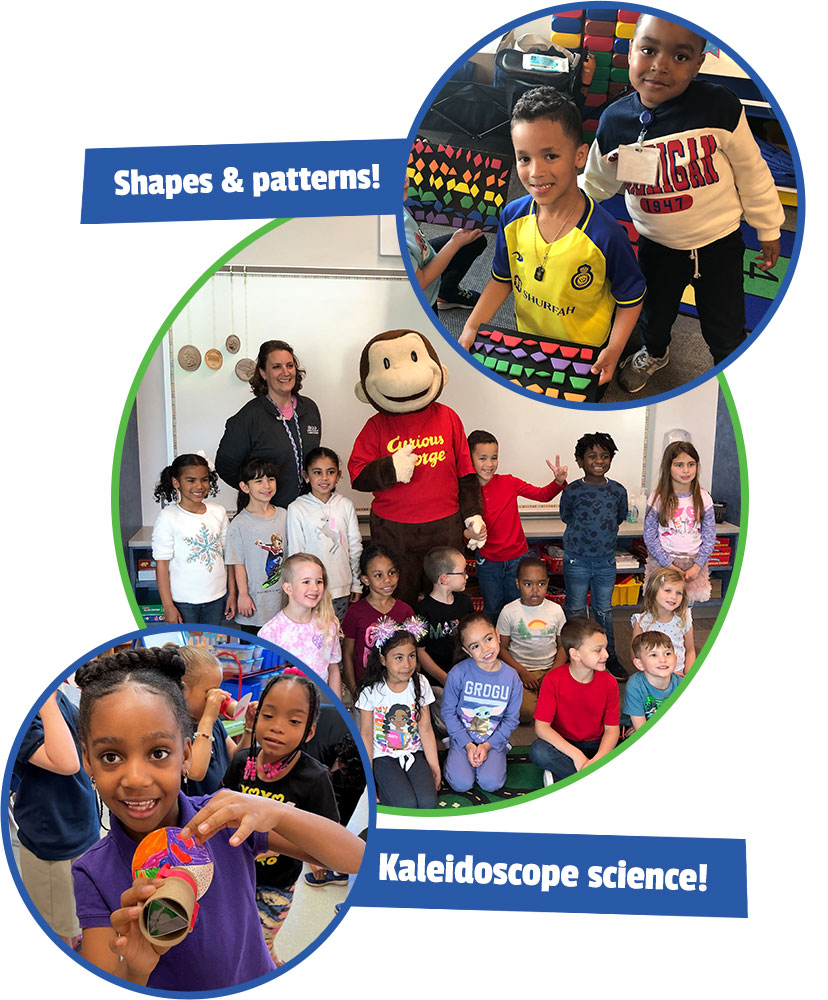 Photos of EITC classes working with shapes and patterns and kaleidoscope science!
